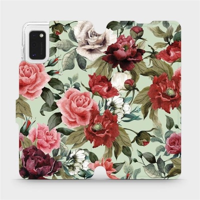 Pouzdro Mobiwear parádní flip Samsung Galaxy A41 - MD06P Růže a květy na světle zeleném pozadí