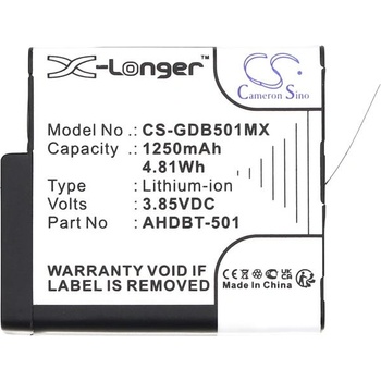Cameron Sino Батерия за камера GOPRO Hero 5; Hero 6; Hero 7; Hero 8 AHDBT-501 3, 85V 1250mAh LIIon Cameron Sino (CS-GDB501MX)