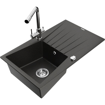 Mexen Cesar еднокамерен гранитен мивка с отцедник и кухненски кран Duero, черен/златен металик - 6514-75-671600-00 (6514-75-671600-00)