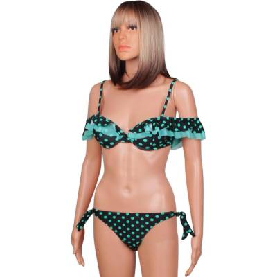 Дамски бански в черно с точки и къдрички