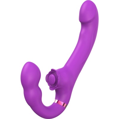 SuperLove Strapless Strap-On with Dual Vibrations, Flapping & Remote Purple