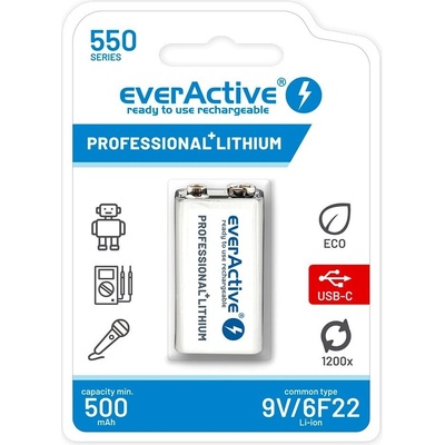 everActive 6F22/9V Li-ion 550 mAh s USB TYPE C