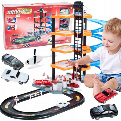 Majlo Toys parkovací garáž s výtahem a helikoptérou a 4 autíčka