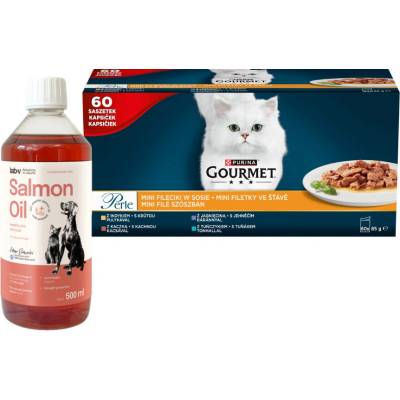 Purina Gourmet Perle Mini Filets in sauce Krmivo pro kočky 60x85 g + LAB V Lososový olej 500 ml