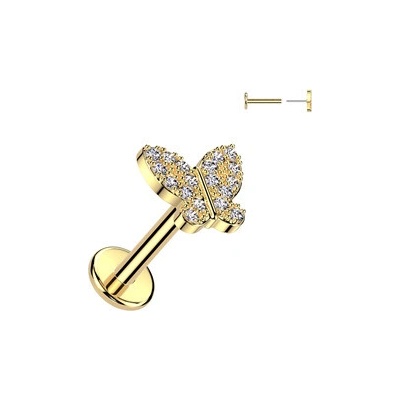 Šperky4U Zlacený piercing do brady motýlek PUSH IN labreta LB1134-GD
