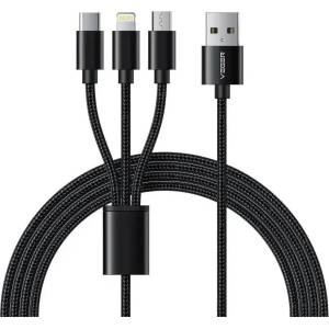 Veger Универсален USB кабел с Lightning, microUSB и USB-C конектори - Veger V303 Premium 3-in-1 USB Cable 2.4A (черен) (150 см) (V303)