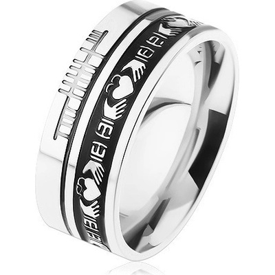 Šperky eshop prsten z oceli 316L stříbrná černý pruh ornamenty HH12.15