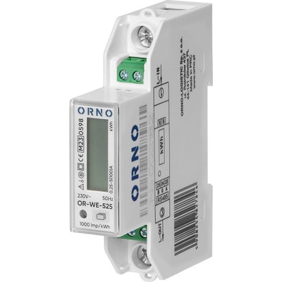 ORNO Монофазен електромер за ДИРЕКТНО мерене на ел. енергия, Modbus, еднотарифен, за DIN монтаж 1 мод, 100A, MID - OR-WE-525 (OR-WE-525)