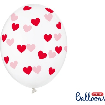 PartyDeco Balónky průhledné s červenými srdíčky 30 cm