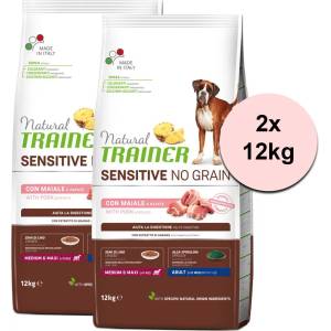 Natural Trainer Natural Sensitive NO GRAIN Свинско Възрастни Средни и Макси 2 x 12 кг