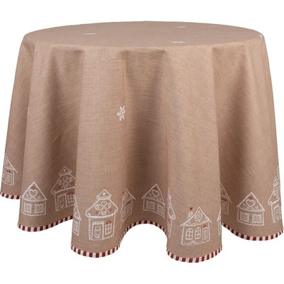Clayre & Eef Hnědý kulatý ubrus s perníkovými chaloupkami Gingerbread Bliss Ø 170 cm