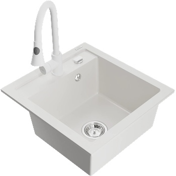 Mexen Vito еднокомпонентна гранитна мивка с кухненски смесител Elia, бял - 6503-20-670101-20 (6503-20-670101-20)