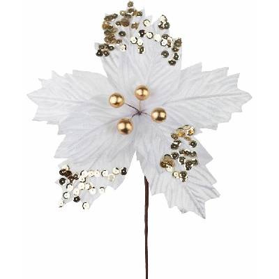Kvet MagicHome Vianoce, poinsettia, s guľkami, biely, 18 cm, veľkosť kvetu: 20 cm