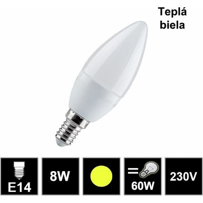 LEDprodukt LED žiarovka E14 8W teplá biela sviečka