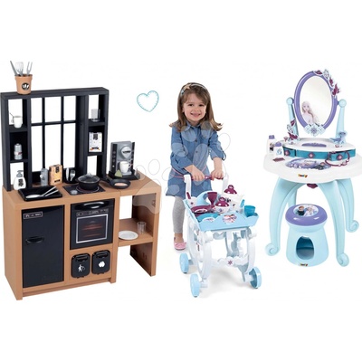 Smoby Set kuchynka moderná Loft Industrial so servírovacím vozíkom a kozmetický stolík Frozen