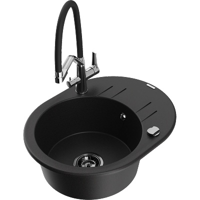 Mexen Kevin гранитна кухненска мивка с 1 камера и смесител Duo, черен - 6517-77-671701-07-B (6517-77-671701-07-B)