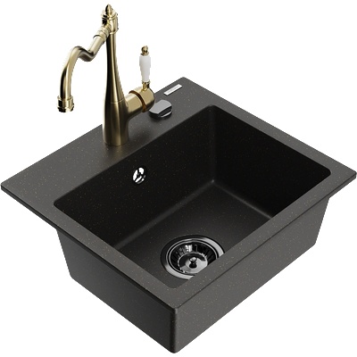 Mexen Milo гранитна мивка с 1 камера и кухненски смесител Carla, черен/златист металик - 6505-75-670700-50-B (6505-75-670700-50-B)