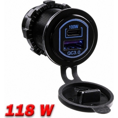 USB QC3.0 + USB-C 100W/20V zásuvka 12/24V