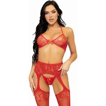 Leg Avenue Three Pieces Set Bra, String And Stocking One Size - Red