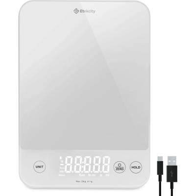 Etekcity kitchen scales, precision scales 0.1g accurate, 10kg digital kitchen scales with large LED display, waterproof kitchen scales, kitchen scale for measuring liquids, tare function - 10KG-1g - white glass - EKS-L422
