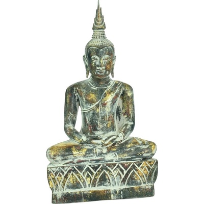 Dřevěná socha Buddha - Dhyana Mudra meditace lotos, zelenozlatá, 55 cm