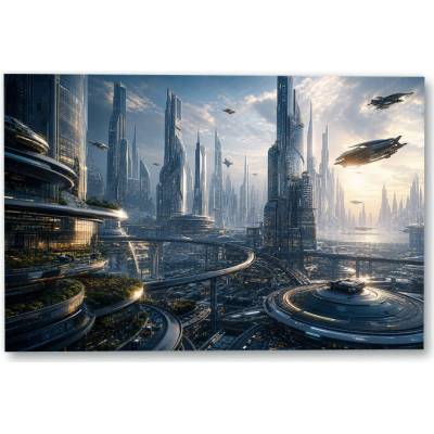 Plakát – Futuristická metropole s létající dopravou 135 × 90 cm Bez rámu Ne Bez rámu