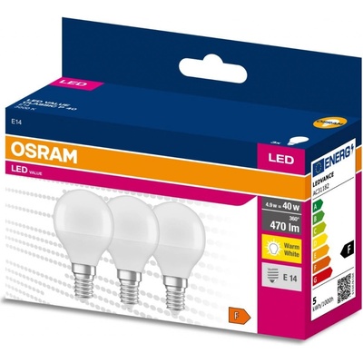 Osram 3PAK LED žárovka E14 P45 4,9W = 40W 470lm 3000K Teplá bílá 200° VALUE