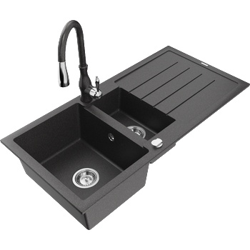 Mexen Andres гранитна мивка 1, 5-камерна с отцеди и кухненски смесител Savita, черен на пръски - 6515-76-672601-76 (6515-76-672601-76)
