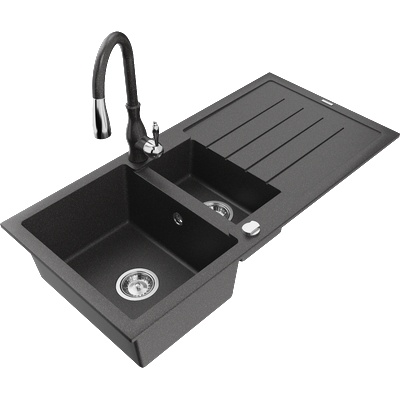 Mexen Andres гранитна мивка 1, 5-камерна с отцеди и кухненски смесител Savita, черен на пръски - 6515-76-672601-76 (6515-76-672601-76)