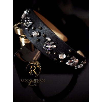 Radi handmade Широка диадема с графитено черни и сребристи перли и камъни (661)