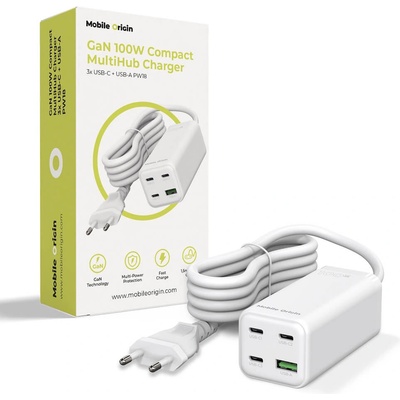 Mobile Origin Захранване за ел. мрежа за лаптопи, смартфони и таблети с USB и 3xUSB-C изходи с технология за бързо зареждане - Mobile Origin PW18 GaN Compact MultiHub Wall Charger Wall 100W (бял) (MO-100CMH-PW18)