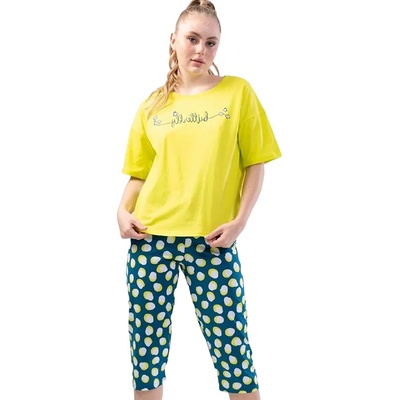 Пижама с къс ръкав в жълто и петролено с надпис