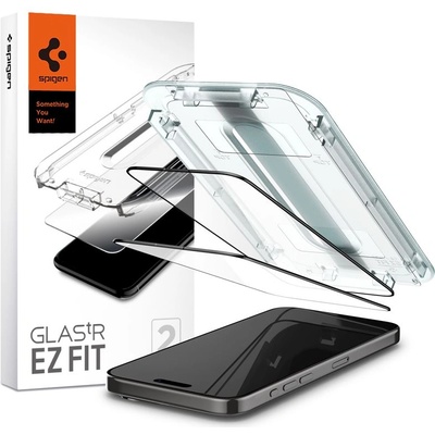 2 броя стъклени защитни покрития за дисплея на iPhone 15 Pro - Spigen Glas. tR EZ Fit Full Cover Tempered Glass 2 Pack (черен-прозрачен) (AGL06893)