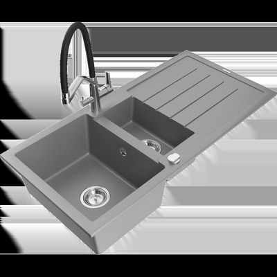 Andres Гранитна мивка 1, 5-коморна с отцедник и кухненски смесител Duo, сив - 6515-71-671701-07 (6515-71-671701-07)