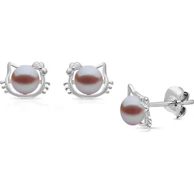Lillian Vassago Peckové stříbrné náušnice kočička zdobená perlou LLVY-SER012V