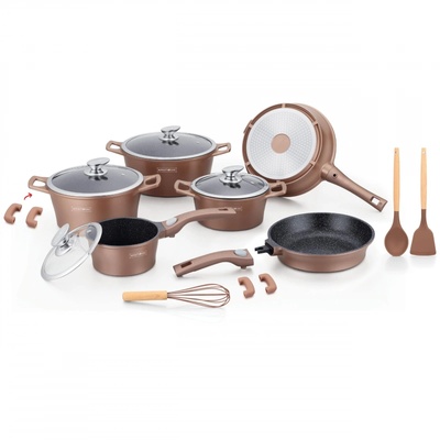 Royalty Line Комплект тенджери и тиган Royalty Line RL-ES2014M, 17 части, Мраморно покритие, Индукция, Меден цвят