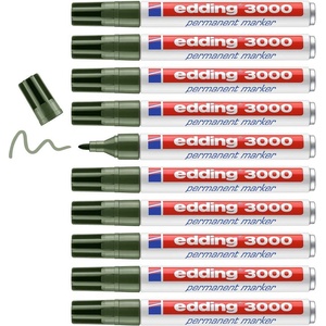 edding 3000 permanent marker - olive-green - 10 pens - round tip 1.5-3 mm - quick-drying permanent marker - waterproof, smudge-proof - for cardboard, plastic, wood, metal - universal marker - 4-3000015 (4-30