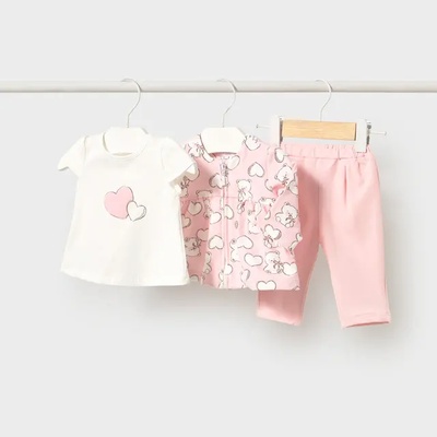 Mayoral Анцуг 3 части суичър розов с мечета, бяла тениска и розов панталон за новородено момиче Mayoral