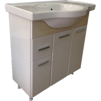 Ramois Пластмасов долен шкаф за баня с мивка Бреза 80 см, бял с бленда имитация дърво