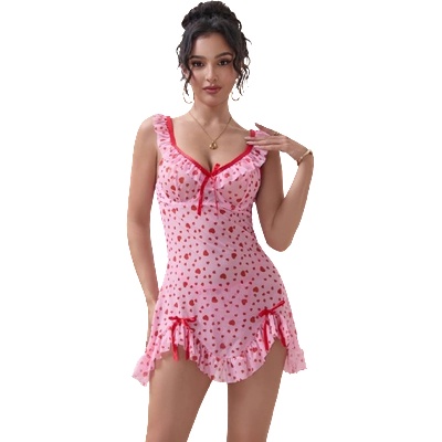 Sexy Elephant® Pink Heart Printed Mesh Ruffled Sexy Nightdress XL