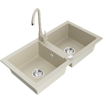 Mexen Mario гранитна кухненска мивка с 2 камери и кухненски смесител Telma, бежов - 6504-69-670200-69 (6504-69-670200-69)