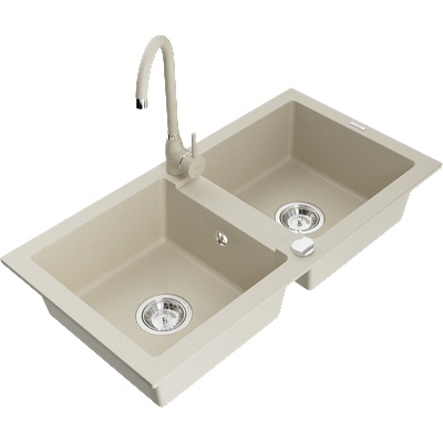 Mexen Mario гранитна кухненска мивка с 2 камери и кухненски смесител Telma, бежов - 6504-69-670200-69 (6504-69-670200-69)