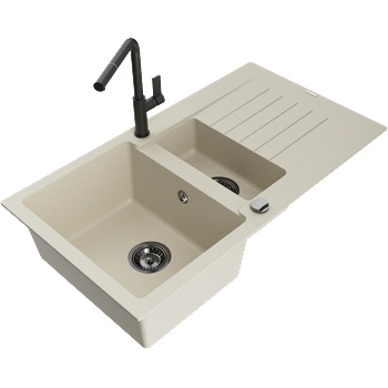 Mexen Matias гранитна мивка 1, 5-коморна с отцедник и кухненски смесител Flora, бежов - 6502-69-670401-70-B (6502-69-670401-70-B)