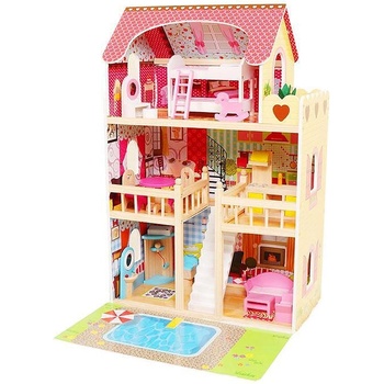 Image 1 of ECOTOYS Дървена къща за кукли с 16 броя мебели, басейн + осветление (w06a333e)