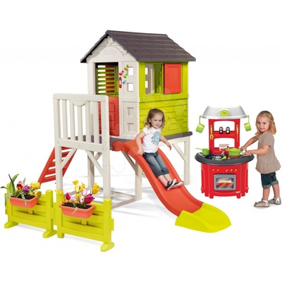 Smoby Set dětský domeček na pilířích Pilings House s 1,5 m skluzavkou s kuchyňkou a zahrádkou