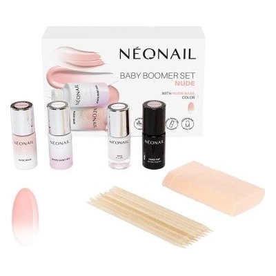 NeoNail Baby Boomer Baby Boomer Nude Base podkladový lak pre gélové nechty 7,2 ml + Baby Boomer White Paint Gel gélový lak na nechty 6,5 ml + Gum Peel-Off ochranný gél na nechtovú kožtičku 7,2 ml + Ha