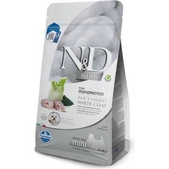 Farmina N&D DOG GRAIN FREE Spirulina White Dog Sea Bass & Fennel Adult MINI - монопротеинова суха храна без зърнени култури за кучета с бяла козина от мини породи над 1 година, с лаврак, спирулина и фенел - 5 кг, PND0500067