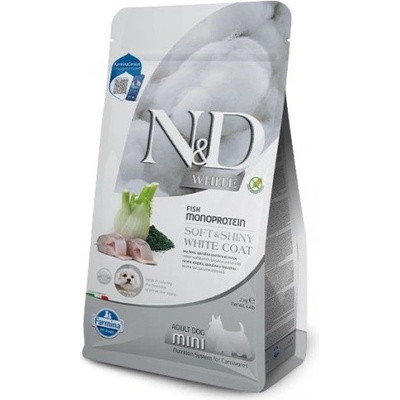 Farmina N&D DOG GRAIN FREE Spirulina White Dog Sea Bass & Fennel Adult MINI - монопротеинова суха храна без зърнени култури за кучета с бяла козина от мини породи над 1 година, с лаврак, спирулина и фенел - 5 кг, PND0500067