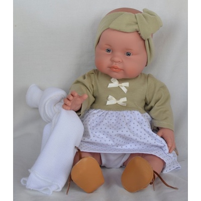 Lamagik Realistické miminko holčička Petit v zelenošedých šatech s bílou sukní španělské miminko 39 cm
