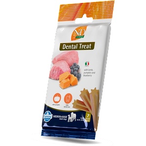 Farmina N&D PUMPKIN DOG Dental Treat Lamb & Blueberry Adult Medium&Maxi - дентални лакомства за кучета от средни/едри породи с тиква, агнешко и боровинки 100gr